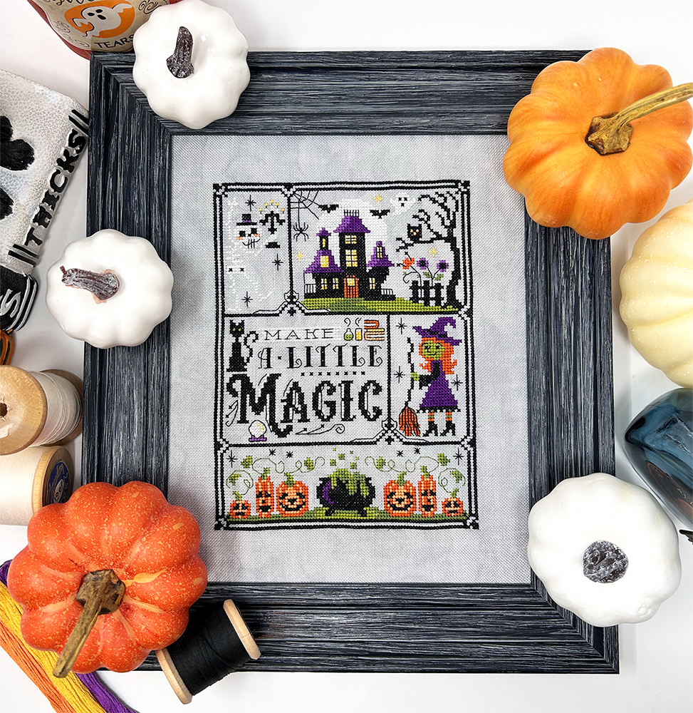 Haunted house with witch, skeleton and cauldron with the words “make a little magic”