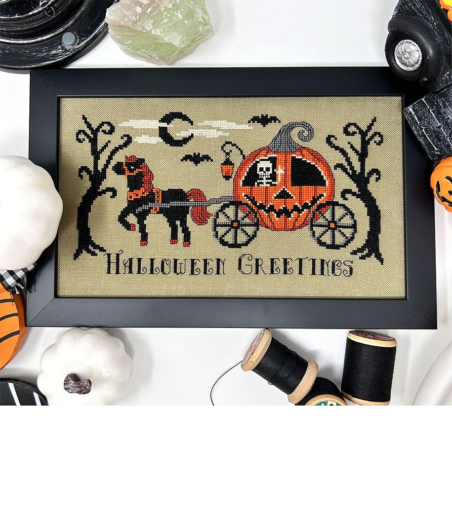 Pumpkin carriage pulled by black horse with skeleton inside