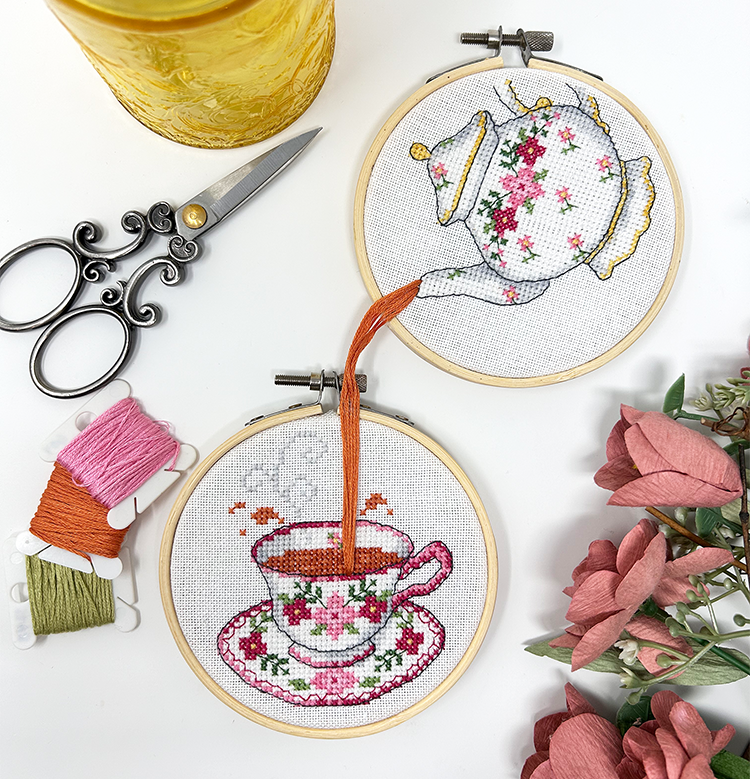 Two hoops with teapot pouring into teacup