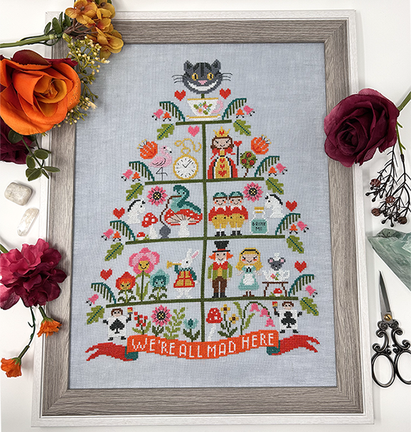 Alice in wonderland characters in tree with the words we’re all mad here