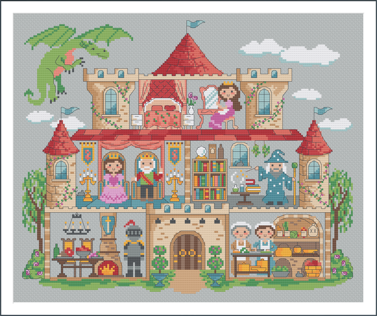 Medieval castle with dragon royalty and wizard