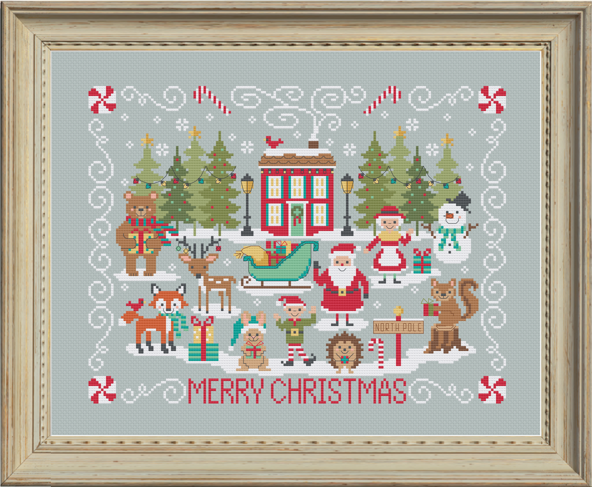 Christmas house with animals and Santa with the words Merry Christmas