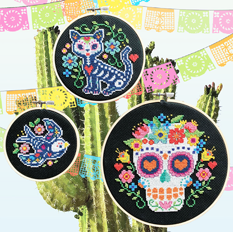 Three day of the dead hoops with dead cat dead bird and skull with flowers