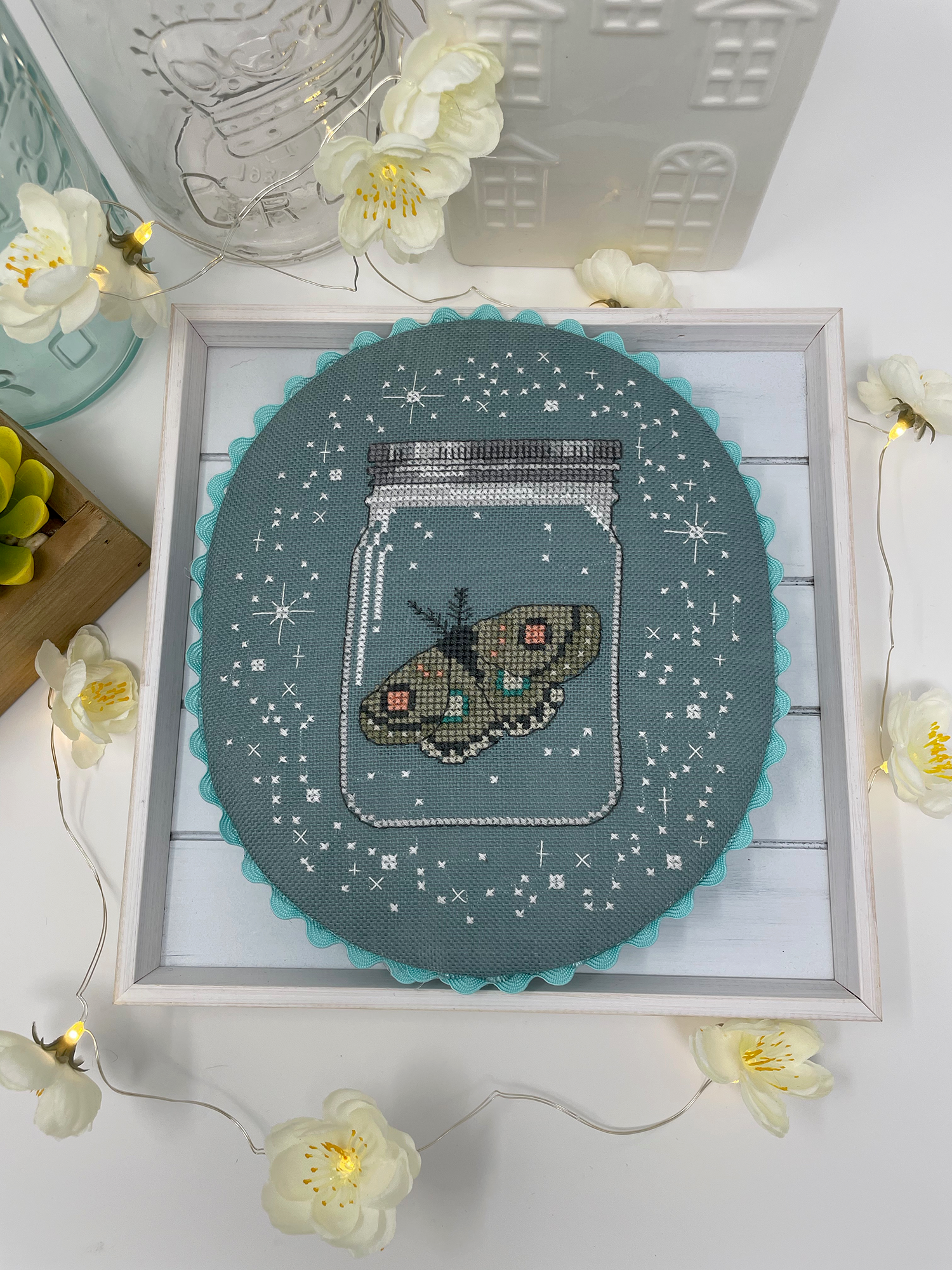 Mason Jar Moth Cross Stitch PDF Instant Download