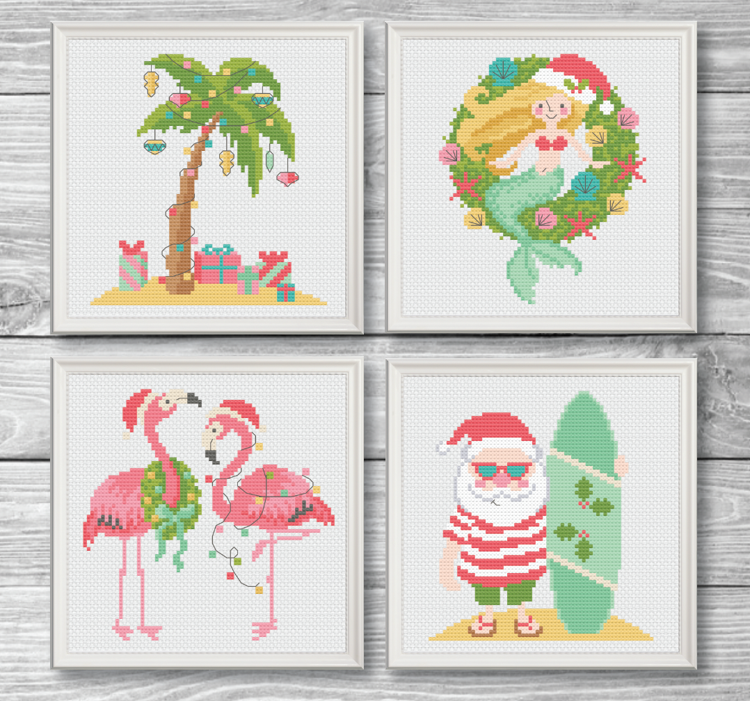 Four sections of summer Christmas with Santa and flamingo and mermaid and palm tree