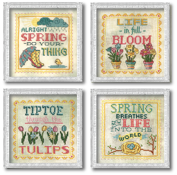 four sections of spring motifs of flowers and rain