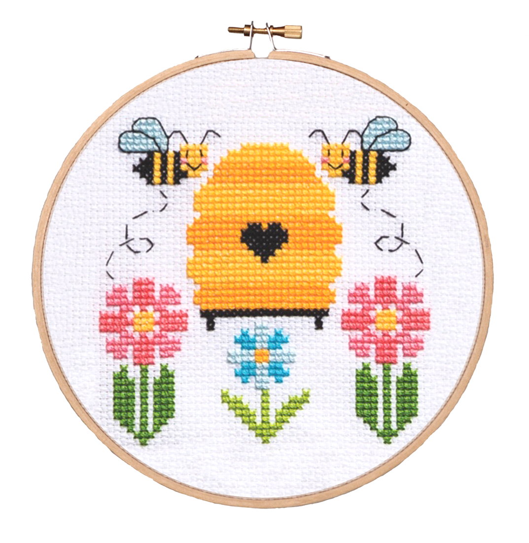 Bees with flowers and hive