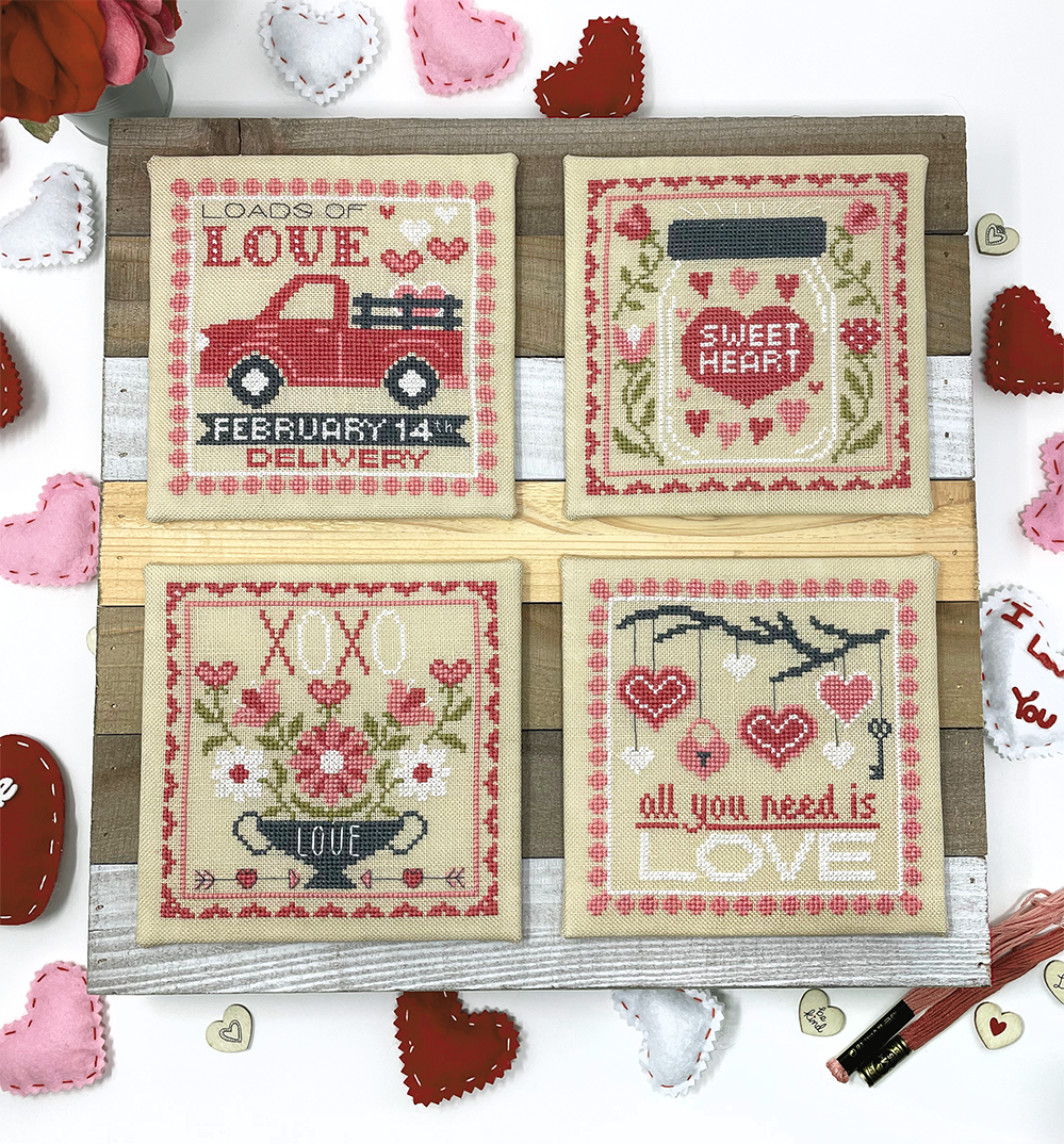 Four sections with car and jar and hearts and flowers