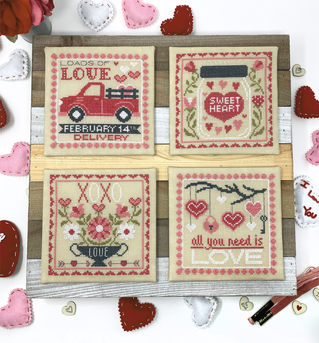 Four sections with car and jar and hearts and flowers