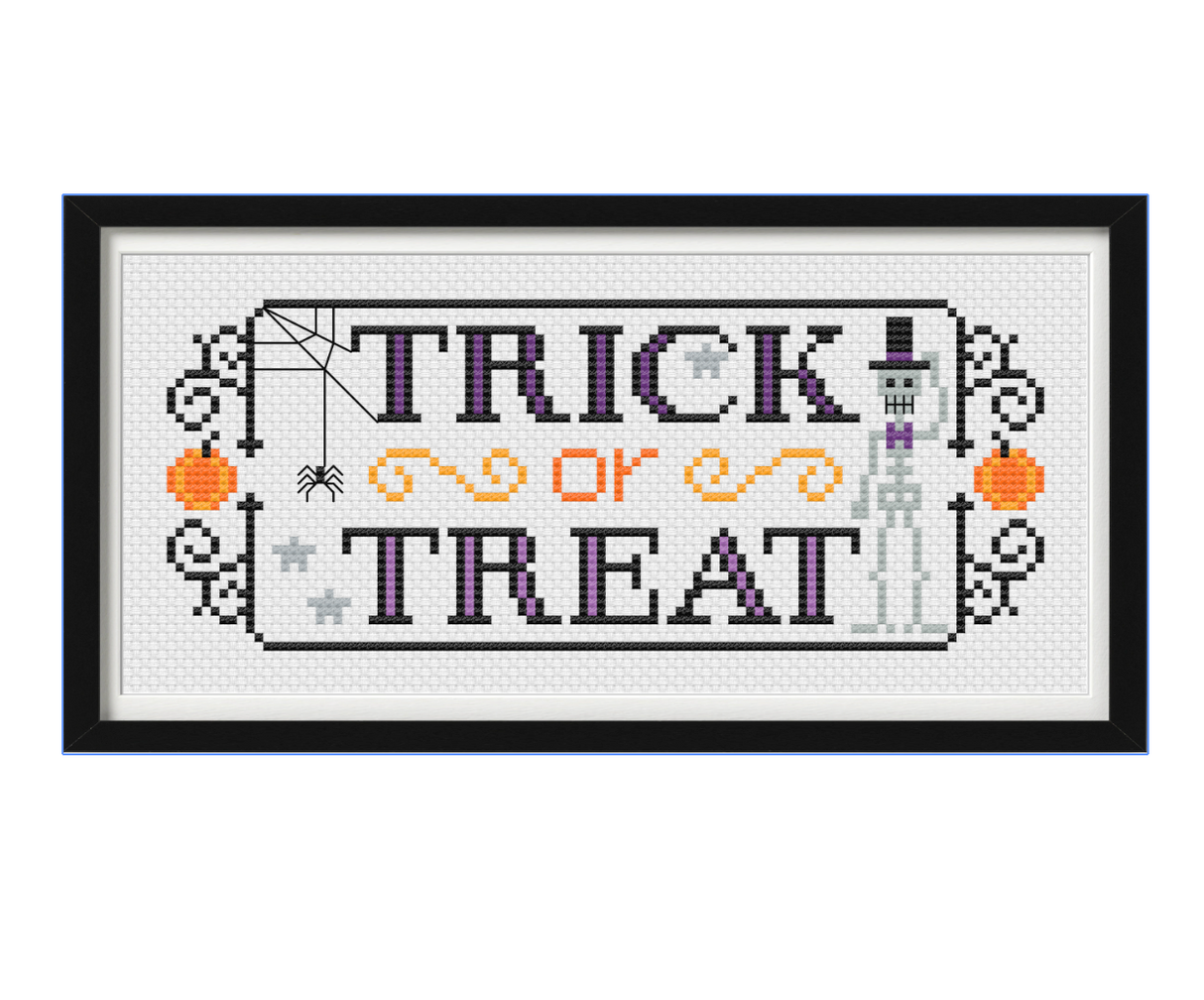 Skeleton and pumpkins with the words “trick or treat”