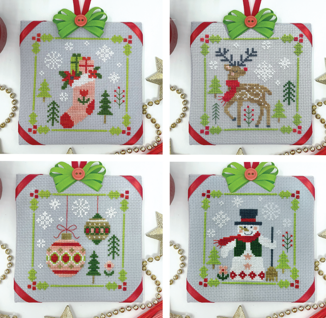 Four patterns one with stocking one with deer one with ornament and one with snow man