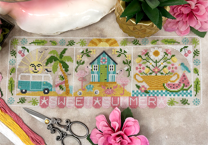 Van with sun, house with flamingos and basket with flowers and watermelon