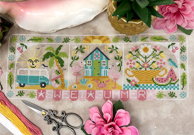 Van with sun, house with flamingos and basket with flowers and watermelon