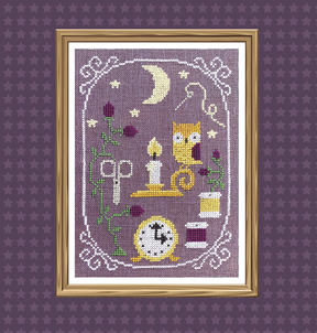 Owl sitting on candle stick with clock and moon