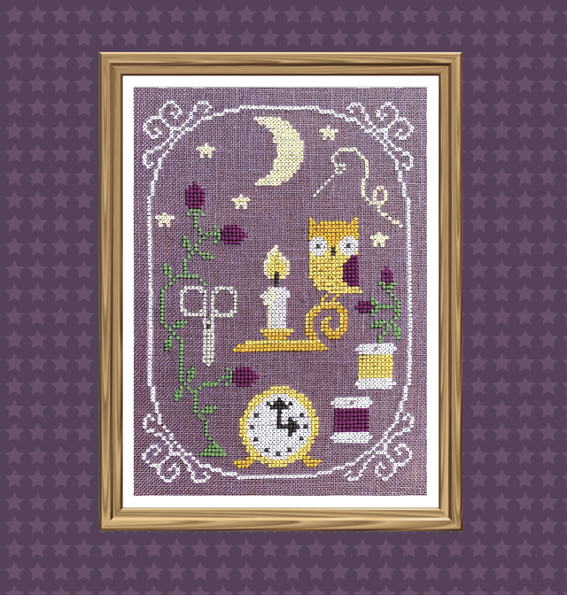 Owl sitting on candle stick with clock and moon