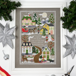 houses with snow and sled with words in the middle of page