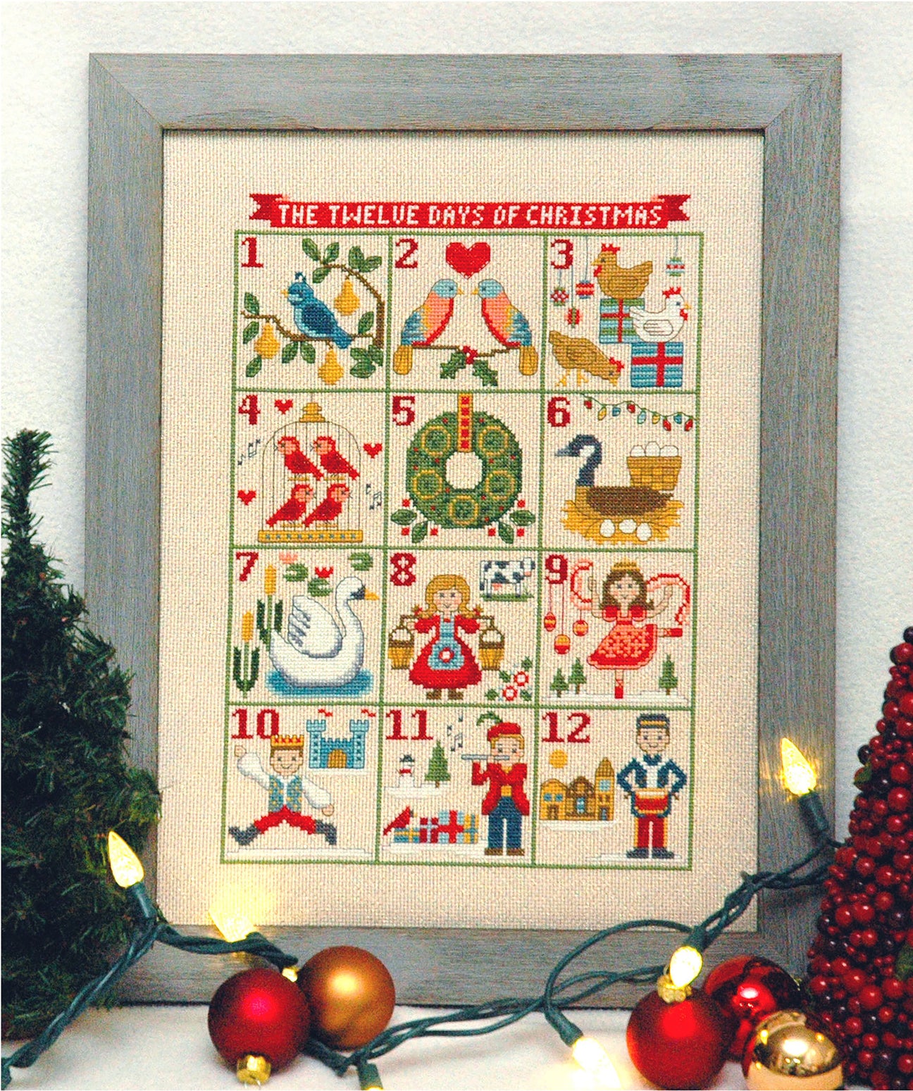 Cross Stitch Pattern - image of 12 Days of Christmas with christmas balls and lights