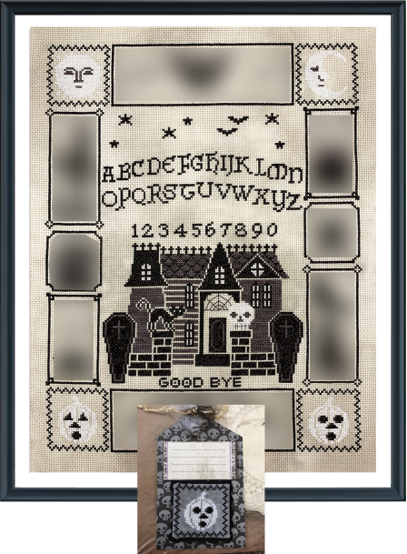 Black and white haunted house with Halloween motifs