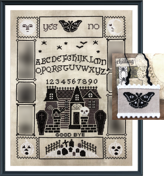 Black and white haunted house with Halloween motifs