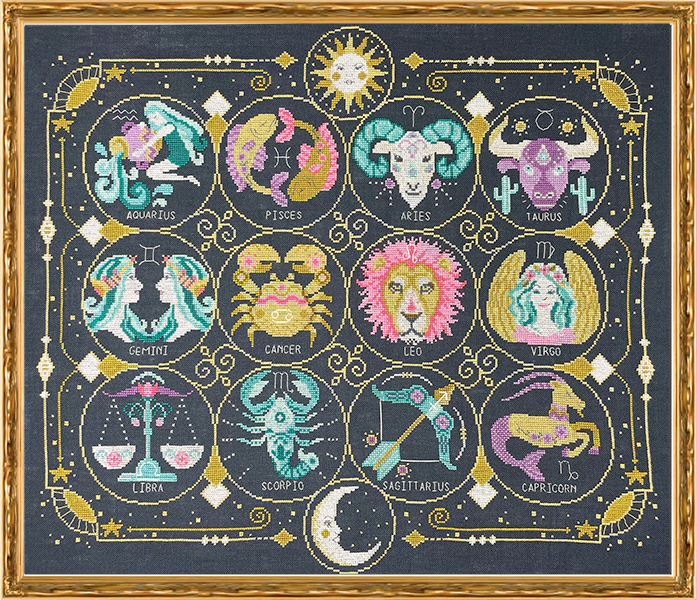 Twelve zodiac signs with gold border