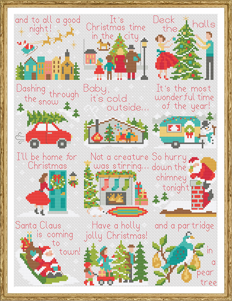 Cross Stitch Pattern - Framed image of 12 holiday song lyrics with related motifs