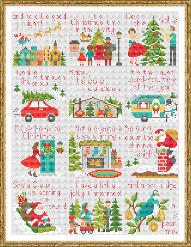 Cross Stitch Pattern - Framed image of 12 holiday song lyrics with related motifs
