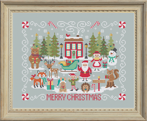 Christmas house with animals and Santa with the words Merry Christmas 