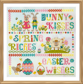 Colourful bunnies sheep chickens and eggs with words bunny kisses spring riches Easter wishes