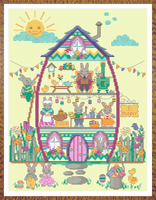 Easter house with bunny family and fence