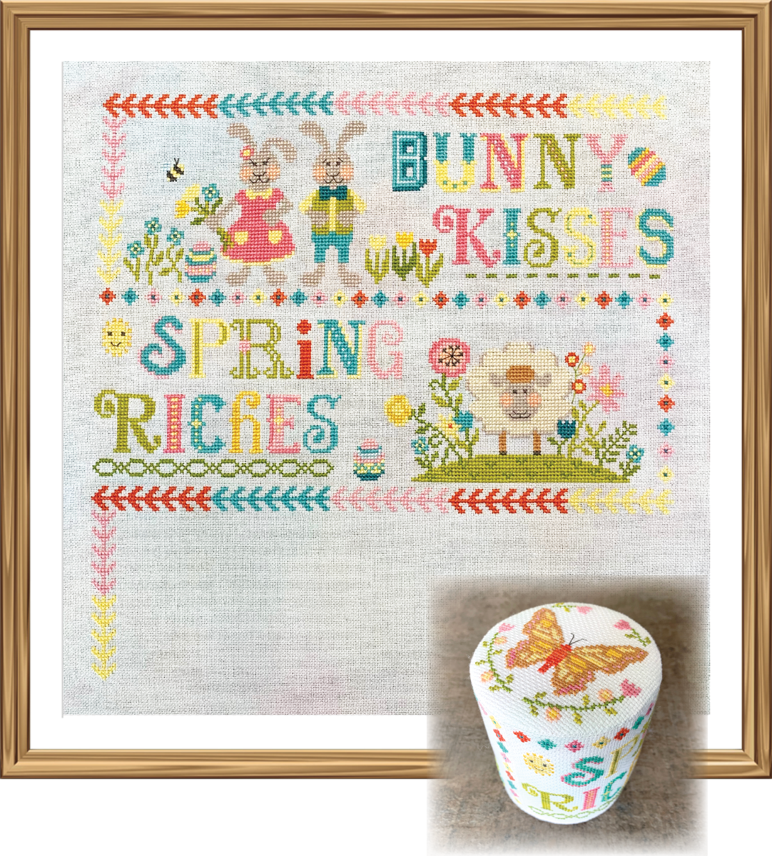 Colourful bunnies sheep chickens and eggs with words bunny kisses spring riches Easter wishes