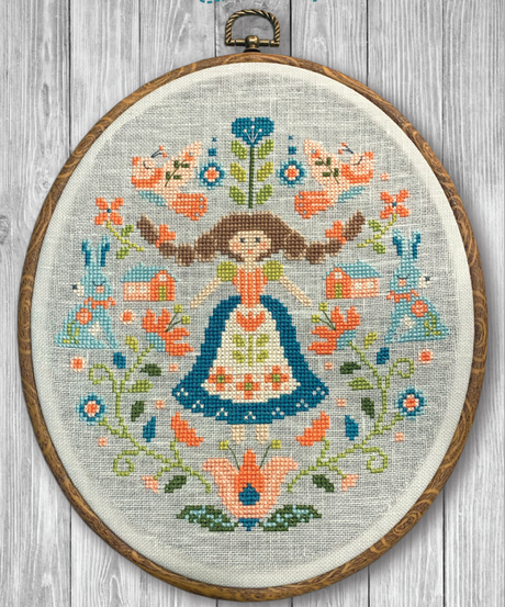 Girl with rabbits flowers and houses and birds