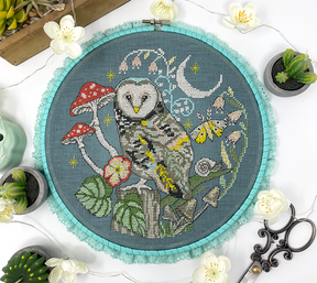 Owl at night with mushrooms plants and moon