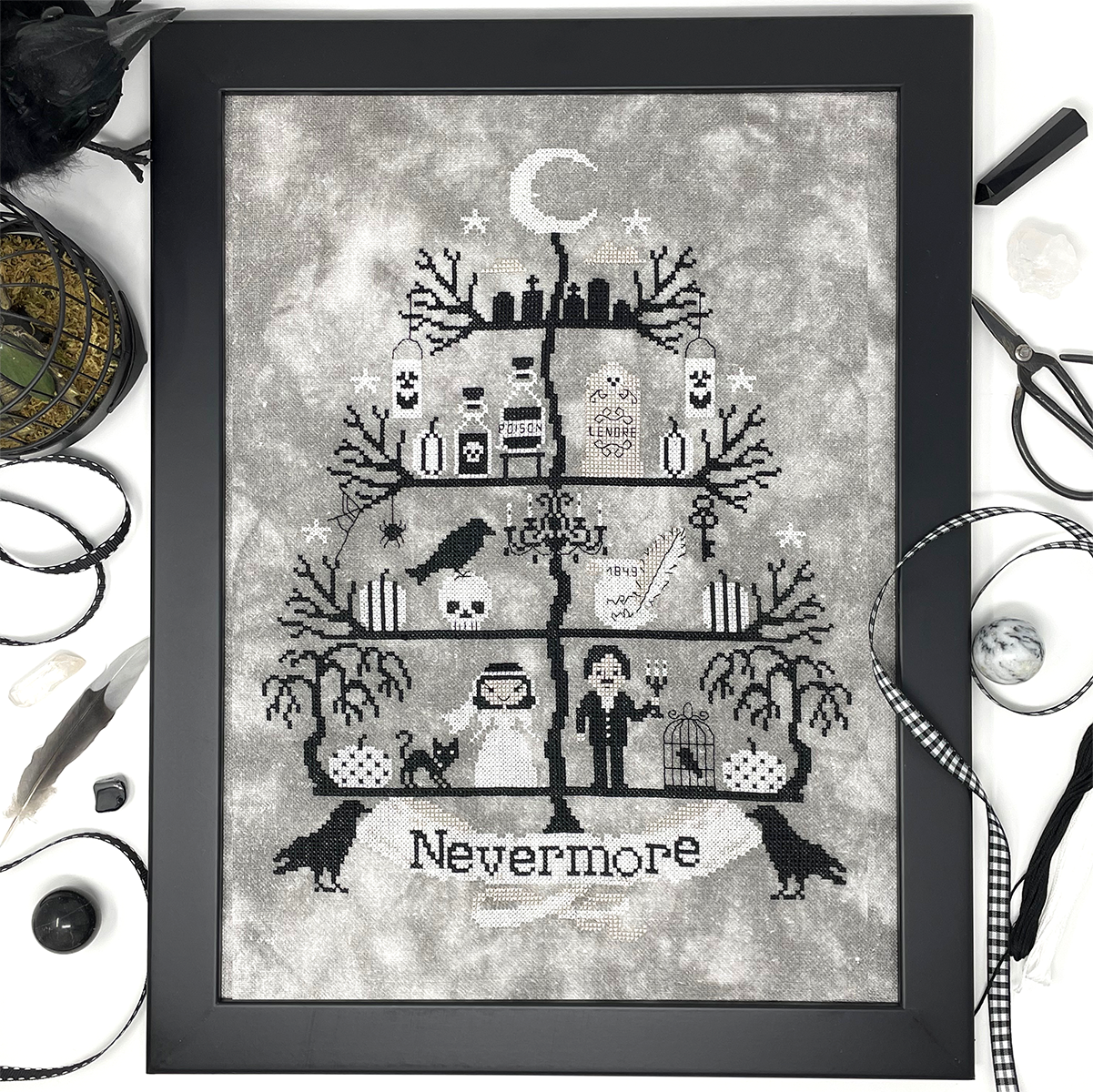 Black and white tree with Edgar Allan Poe motifs