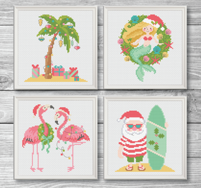 Four sections of summer Christmas with Santa and flamingo and mermaid and palm tree 
