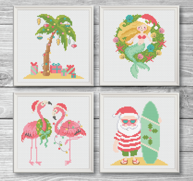 Four sections of summer Christmas with Santa and flamingo and mermaid and palm tree 