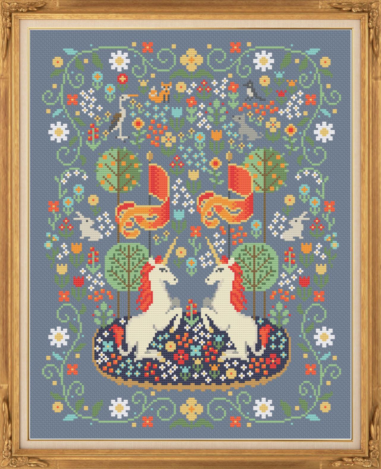 Unicorns with trees and flowers and animals in a frame