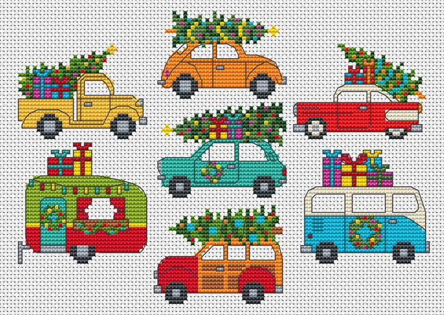 Seven retro cars with Christmas trees on top