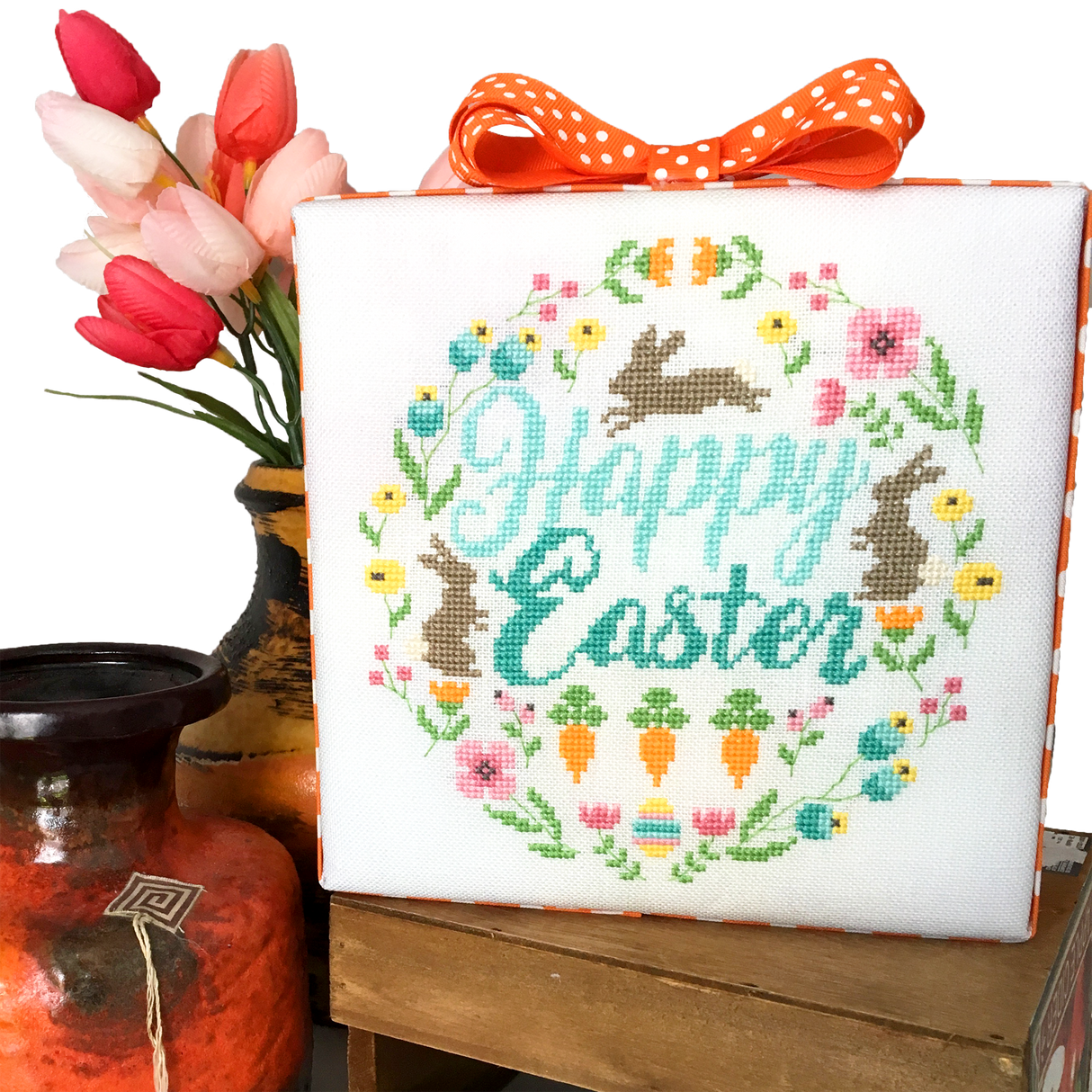 Bunnies with flowers and words happy easter