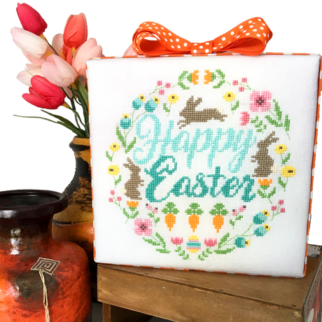 Bunnies with flowers and words happy easter