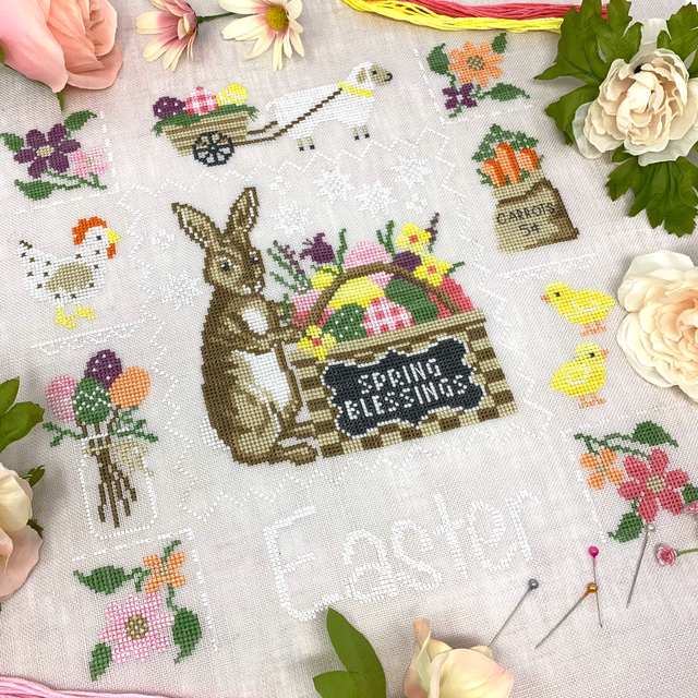 Bunny next to basket with eggs surrounded by Easter motifs