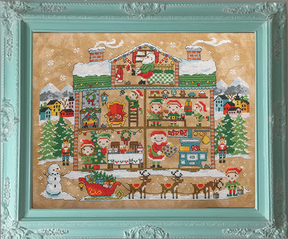 Santa’s house with trees and elves