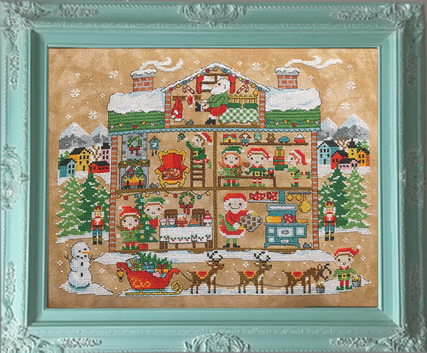 Santa’s house with trees and elves