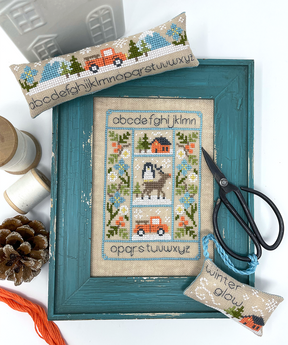 Alphabet with pillow and flat cross stitch with car deer penguin and house