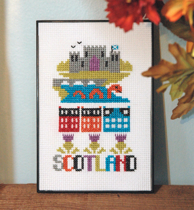 Country skyline of Scotland with a sea monster and a castle