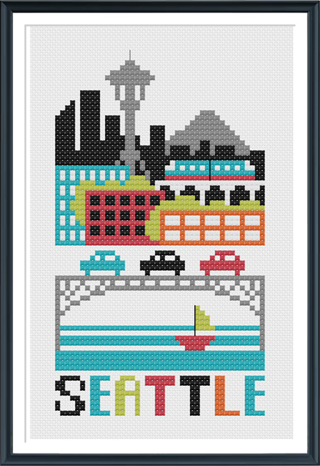 Sky line of the city of Seattle with the word Seattle at the bottom