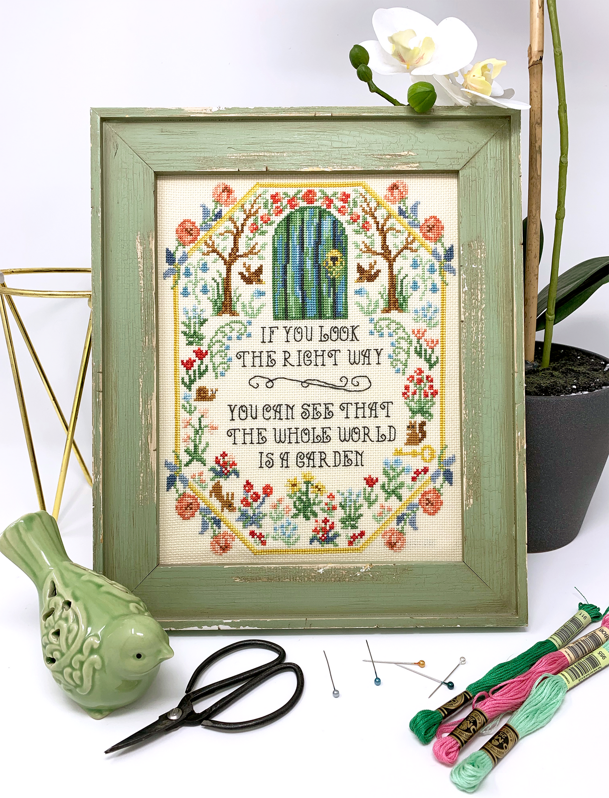 Flowers and door with words