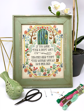 Flowers and door with words