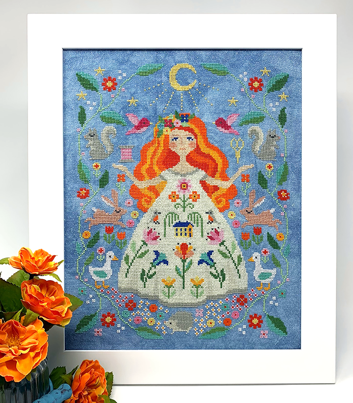 Woman with dress and animals and flowers