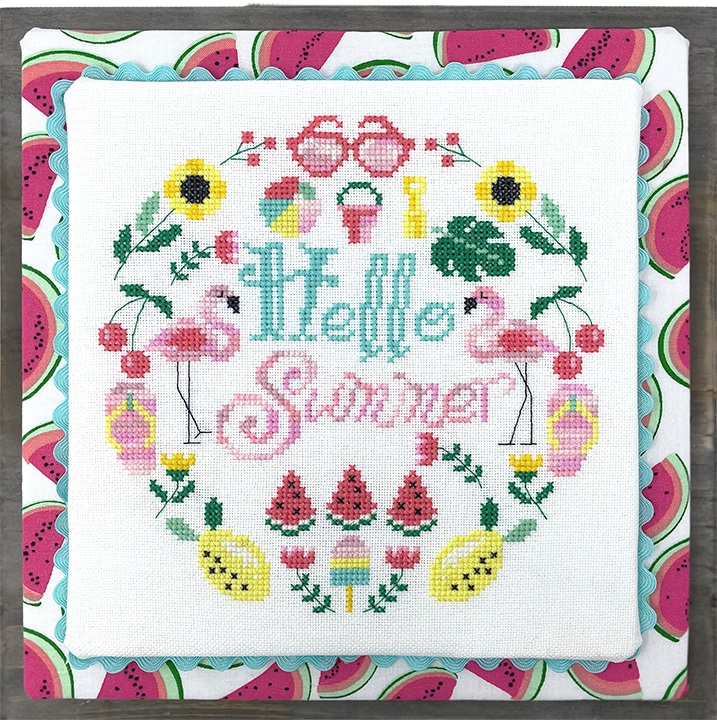 Summer motifs with flamingo fruit and sunglasses with words hello summer