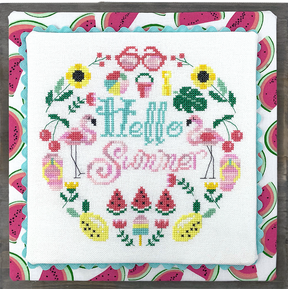 Summer motifs with flamingo fruit and sunglasses with words hello summer